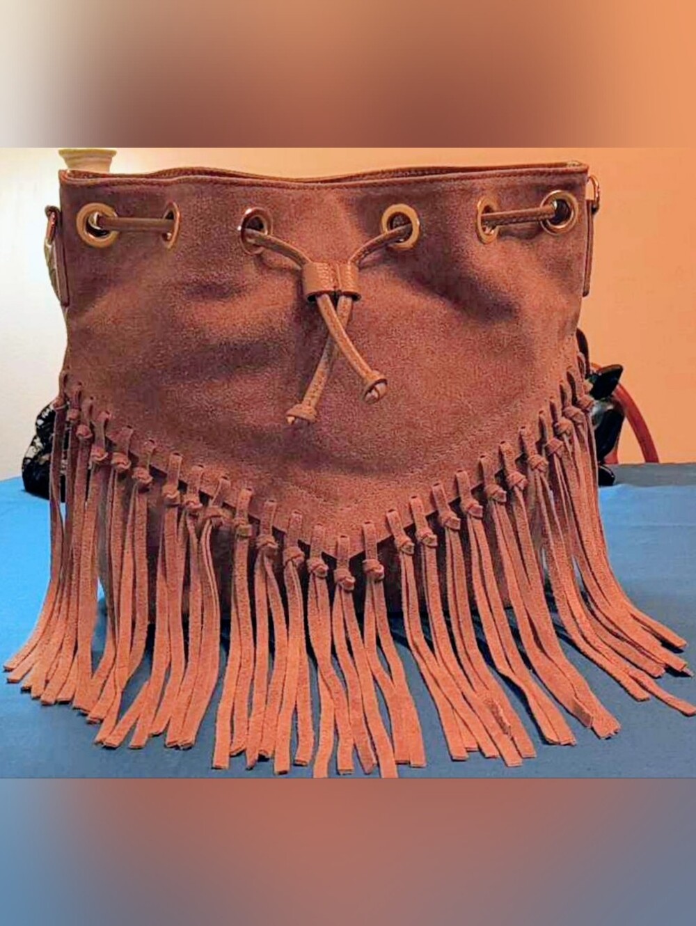 Isadora Italian Leather Fringe Boho Suede Drawstring Shoulder Bag - Brown
